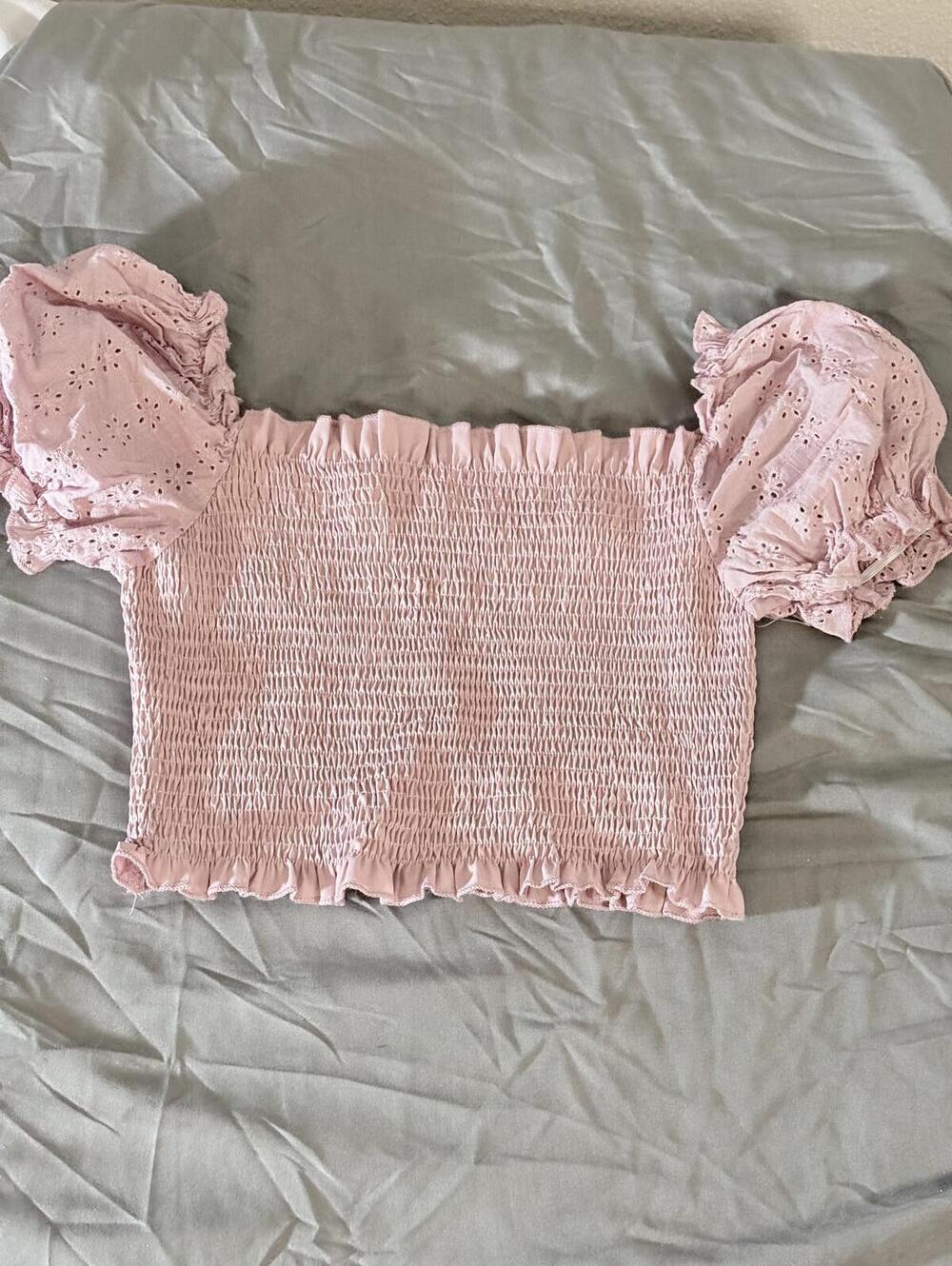 Pink Smocked Eyelet Puff Sleeve Crop Top Size M